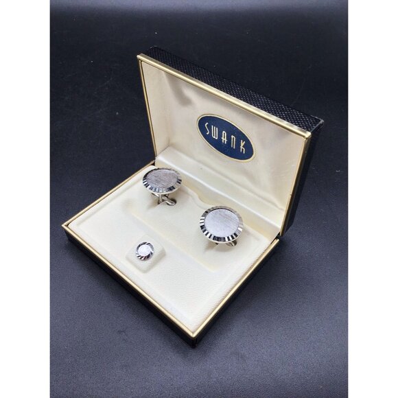 Swank Cufflinks and Tie Tack Set Silver Tone New Old Stock with Original Box - Picture 3 of 6